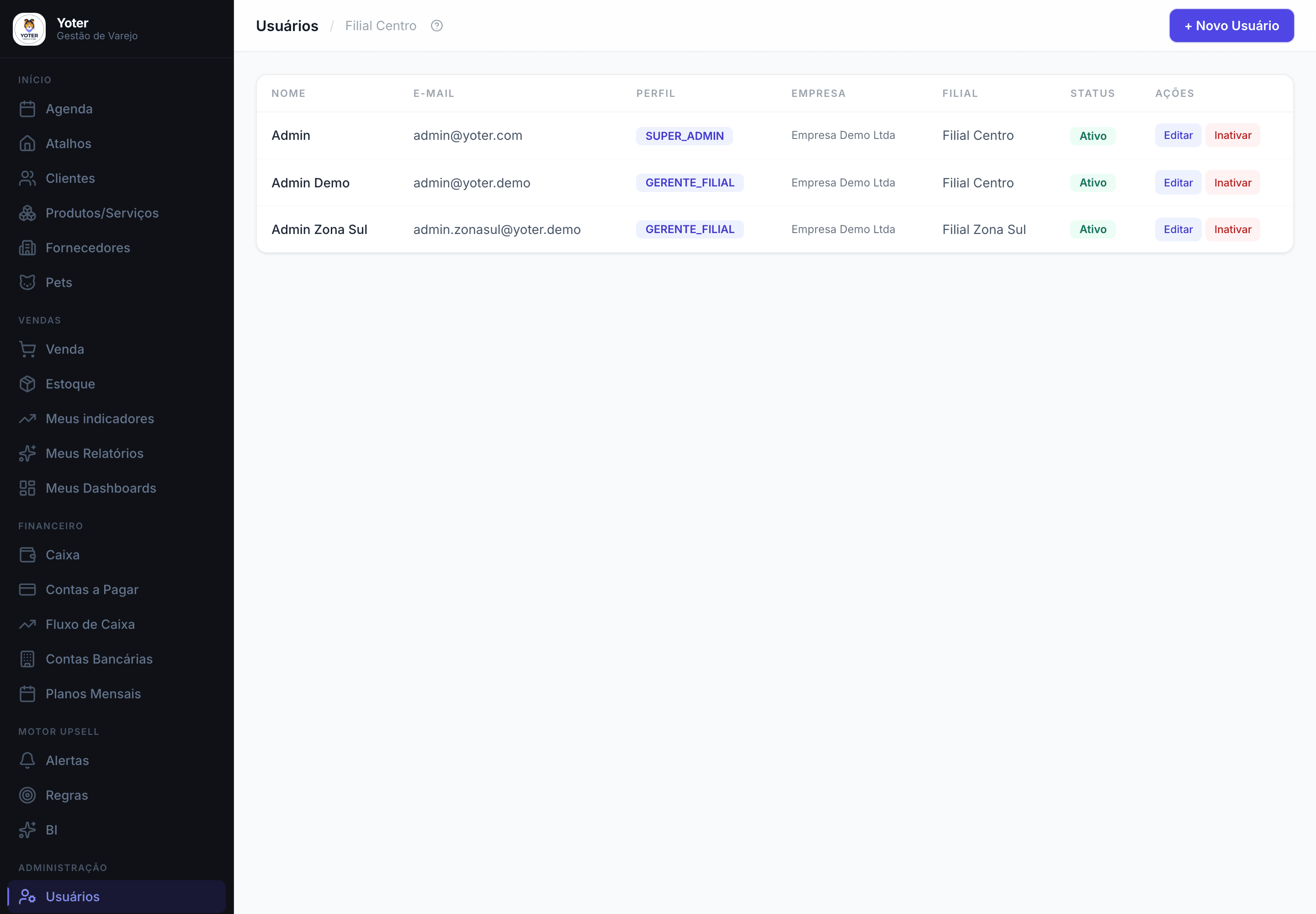 Multi-filial · F3 — Cada filial com seus dados, suas regras, seu motor
